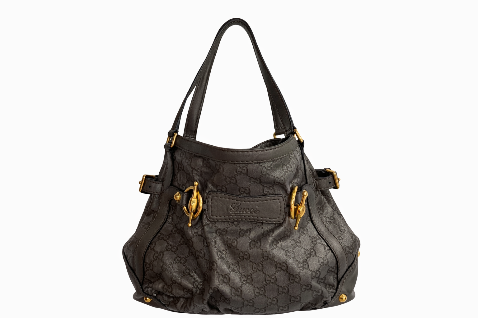 GUCCI GREY SUKEY MONOGRAM LEATHER SHOULDER BAG