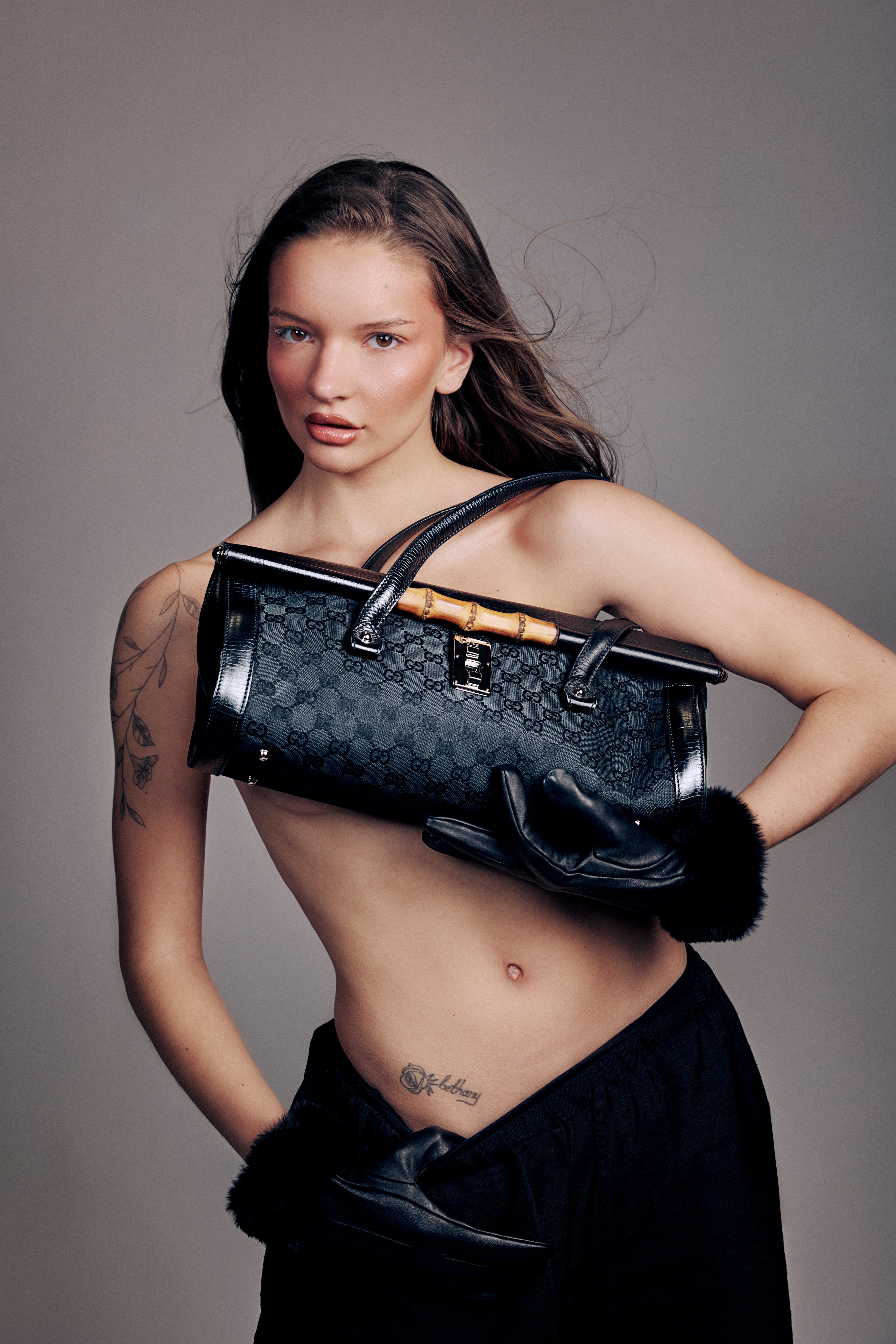 GUCCI BLACK MONOGRAM BAMBOO BULLET SHOULDER BAG